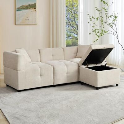 Merax Sofa 3-Sitzer Ecksofa mit Stauraum, abnehmbarem Fußhocker und 2 Kissen, Chenille-Stoff, Premium Komfort Modernes L-förmiges Couch für Wohnzimmer/Schlafzimmer/Büro, Beige Merax Sofa 3-Sitzer Ecksofa mit Stauraum, abnehmbarem Fußhocker und 2 Kissen, Chenille-Stoff, Premium Komfort Modernes L-förmiges Couch für Wohnzimmer/Schlafzimmer/Büro, Beige