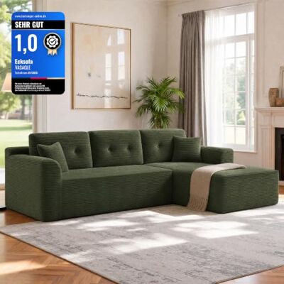 VASAGLE Ecksofa, modulares Sofa 244 cm breit, vakuumverpackt, Schlafsofa, Keine Montage erforderlich, mit großer Chaiselongue rechts, für Wohnzimmer, Gästezimmer, waldgrün LCS184C101 VASAGLE Ecksofa, modulares Sofa 244 cm breit, vakuumverpackt, Schlafsofa, Keine Montage erforderlich, mit großer Chaiselongue rechts, für Wohnzimmer, Gästezimmer, waldgrün LCS184C101