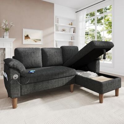 Merax L-Form Ecksofa, kleines 3-Sitzer Sofa mit Stauraum-Chaiselongue, Links oder rechts montierbar, Chenille-Stoff Couch mit USB Typ-C, Seitentasche, Armlehnenkissen, 181x125x88 cm, Dunkelgrau Merax L-Form Ecksofa, kleines 3-Sitzer Sofa mit Stauraum-Chaiselongue, Links oder rechts montierbar, Chenille-Stoff Couch mit USB Typ-C, Seitentasche, Armlehnenkissen, 181x125x88 cm, Dunkelgrau