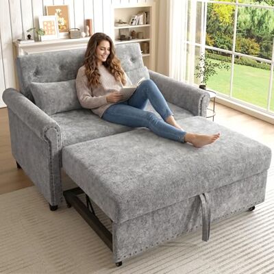 Merax 3-in-1 Schlafsofa 2-Sitzer mit 3-Fach Verstellbarer Rückenlehne (110°/145°/180°), ausziehbares Gästebett aus Chenille-Stoff, Massivholzrahmen, belastbar bis 150 kg, inkl. 2 Kissen, Grau Merax 3-in-1 Schlafsofa 2-Sitzer mit 3-Fach Verstellbarer Rückenlehne (110°/145°/180°), ausziehbares Gästebett aus Chenille-Stoff, Massivholzrahmen, belastbar bis 150 kg, inkl. 2 Kissen, Grau
