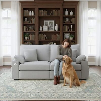 COLAMY 193 cm Loveseat Sofa, Cloud Foam Couch, 3-Sitzer gepolstertes Mid-Century-Modern-Loveseat mit USB-C-Anschlüssen, 4 Kissen und Stauraumarmlehne für Wohnzimmer/kleine Räume, Grau COLAMY 193 cm Loveseat Sofa, Cloud Foam Couch, 3-Sitzer gepolstertes Mid-Century-Modern-Loveseat mit USB-C-Anschlüssen, 4 Kissen und Stauraumarmlehne für Wohnzimmer/kleine Räume, Grau