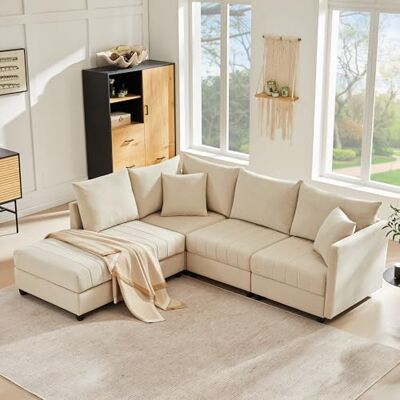 Merax Ecksofa Modulares 5-Sitzer Sofa mit multifunktionalem Fußhocker (L/U-Form), Atmungsaktive Baumwolle-Leinen-Kombi, Modernes Vertikalstreifen-Design Premium Komfort, Raumsparend & Wandelbar, Beige Merax Ecksofa Modulares 5-Sitzer Sofa mit multifunktionalem Fußhocker (L/U-Form), Atmungsaktive Baumwolle-Leinen-Kombi, Modernes Vertikalstreifen-Design Premium Komfort, Raumsparend & Wandelbar, Beige