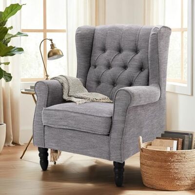 COLAMY Mid-Century Modern Sessel Wohnzimmer, Gepolsterter Wingback-Sessel mit Knopfsteppung, loungesessel Bezug aus Gewebe mit Massivholzbeinen für Wohnzimmer, Büro, Café Dunkelgrau COLAMY Mid-Century Modern Sessel Wohnzimmer, Gepolsterter Wingback-Sessel mit Knopfsteppung, loungesessel Bezug aus Gewebe mit Massivholzbeinen für Wohnzimmer, Büro, Café Dunkelgrau