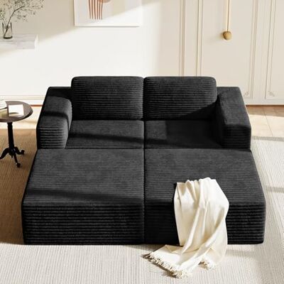 Vesgantti 202 cm Modulares Ecksofa, 2-Sitzer Sofa mit Schlaffunktion aus Cord, mit Federkern & 3D-Schaum, extra tiefer Sitzfläche, Polstersofa mit Ottomane, ohne Montage, Rutschfester Boden, Schwarz Vesgantti 202 cm Modulares Ecksofa, 2-Sitzer Sofa mit Schlaffunktion aus Cord, mit Federkern & 3D-Schaum, extra tiefer Sitzfläche, Polstersofa mit Ottomane, ohne Montage, Rutschfester Boden, Schwarz