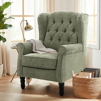 COLAMY Mid-Century Modern Sessel Wohnzimmer, Gepolsterter Wingback-Sessel mit Knopfsteppung, loungesessel Bezug aus Gewebe mit Massivholzbeinen für Wohnzimmer, Büro, Café Grün COLAMY Mid-Century Modern Sessel Wohnzimmer, Gepolsterter Wingback-Sessel mit Knopfsteppung, loungesessel Bezug aus Gewebe mit Massivholzbeinen für Wohnzimmer, Büro, Café Grün