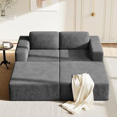 Vesgantti 202 cm Modulares Ecksofa, 2-Sitzer Sofa mit Schlaffunktion aus Cord, mit Federkern & 3D-Schaum, extra tiefer Sitzfläche, Polstersofa mit Ottomane, ohne Montage, Rutschfester Boden, Grau Vesgantti 202 cm Modulares Ecksofa, 2-Sitzer Sofa mit Schlaffunktion aus Cord, mit Federkern & 3D-Schaum, extra tiefer Sitzfläche, Polstersofa mit Ottomane, ohne Montage, Rutschfester Boden, Grau