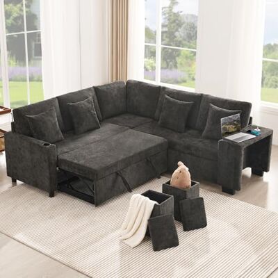 Merax Sofa Ecksofa mit Schlaffunktion und Stauraum, L-Form Schlafsofa mit Bettkasten, USB+Type-C, Getränkehalter und 2 Hocker, Schlafcouch Ausziehbar, Moderne Couch für Wohnzimmer, Chenille, Grau Merax Sofa Ecksofa mit Schlaffunktion und Stauraum, L-Form Schlafsofa mit Bettkasten, USB+Type-C, Getränkehalter und 2 Hocker, Schlafcouch Ausziehbar, Moderne Couch für Wohnzimmer, Chenille, Grau