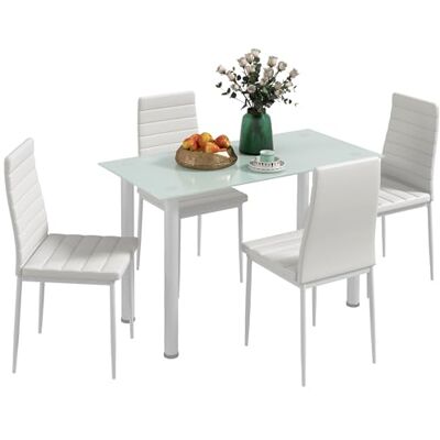 HOMCOM 5-TLG. Essgruppe, Esstisch mit 4 Stühlen, Küchentisch mit Hartglasplatte, Esszimmergruppe, Esszimmermöbel, Esstisch Set für Küche, Esszimmer, Stahl, Weiß HOMCOM 5-TLG. Essgruppe, Esstisch mit 4 Stühlen, Küchentisch mit Hartglasplatte, Esszimmergruppe, Esszimmermöbel, Esstisch Set für Küche, Esszimmer, Stahl, Weiß