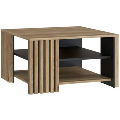 Forte JOAKIMIS Couchtisch 80, Skandi-Stil Couchtisch mit Ablagefach, Lamellendetails, Holzwerkstoff, Mauvella Eiche Holzdekor/Schwarz, 80 cm breit x 45 cm hoch x 80 cm tief Forte JOAKIMIS Couchtisch 80, Skandi-Stil Couchtisch mit Ablagefach, Lamellendetails, Holzwerkstoff, Mauvella Eiche Holzdekor/Schwarz, 80 cm breit x 45 cm hoch x 80 cm tief