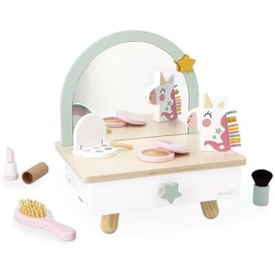 Janod Friseurstuhl aus Holz für Kinder auf einem Tisch Schublade, Spiegel und 7 Accessoires Thema Einhorn Höhe 33cm Make-up-Attrappe Ab 3 Jahre J06463 Janod Friseurstuhl aus Holz für Kinder auf einem Tisch Schublade, Spiegel und 7 Accessoires Thema Einhorn Höhe 33cm Make-up-Attrappe Ab 3 Jahre J06463