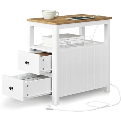VASAGLE Beistelltisch, schmaler Nachttisch mit Steckdosenleiste, 2 Schubladen, Sofatisch, für kleine Räume, maritimer Stil, walnussbraun-weiß LET327W14 VASAGLE Beistelltisch, schmaler Nachttisch mit Steckdosenleiste, 2 Schubladen, Sofatisch, für kleine Räume, maritimer Stil, walnussbraun-weiß LET327W14