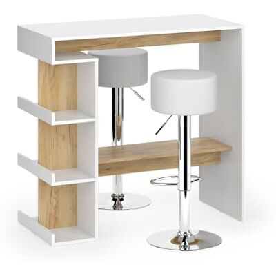 Vicco Bartisch-Set Dana, Weiß/Goldkraft Eiche, 108 x 50 cm mit 2 Barhockern, mit offenen Ablagen zur Nutzung als Stehtisch Vicco Bartisch-Set Dana, Weiß/Goldkraft Eiche, 108 x 50 cm mit 2 Barhockern, mit offenen Ablagen zur Nutzung als Stehtisch