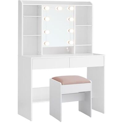 VASAGLE Schminktisch mit Beleuchtung, einstellbare Helligkeit, Hocker, Frisiertisch mit Spiegel, Kosmetiktisch mit verstellbaren Ablagen, 2 Schubladen, modern, wolkenweiß und pastellrosa RDT726W01 VASAGLE Schminktisch mit Beleuchtung, einstellbare Helligkeit, Hocker, Frisiertisch mit Spiegel, Kosmetiktisch mit verstellbaren Ablagen, 2 Schubladen, modern, wolkenweiß und pastellrosa RDT726W01