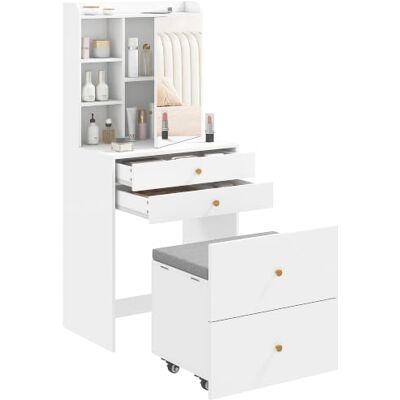 HOMCOM Schminktisch mit Spiegel und mobilem Hocker, Frisiertisch, Weiß Moderner Kosmetiktisch, Schrank, Schubladen, Offene Ablagen, Gepolstertem Sitz, für Schlafzimmer HOMCOM Schminktisch mit Spiegel und mobilem Hocker, Frisiertisch, Weiß Moderner Kosmetiktisch, Schrank, Schubladen, Offene Ablagen, Gepolstertem Sitz, für Schlafzimmer