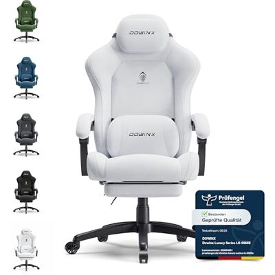 Dowinx Gaming Stuhl, Höhenverstellbares Massage-Lendenkissen, Ergonomisch, Weiches Mikrofaser-Velours, Verdicktes Sitzpolster, Kopfstütze und Fußstütze Inklusive, 155° Neigbar, Weiß Dowinx Gaming Stuhl, Höhenverstellbares Massage-Lendenkissen, Ergonomisch, Weiches Mikrofaser-Velours, Verdicktes Sitzpolster, Kopfstütze und Fußstütze Inklusive, 155° Neigbar, Weiß