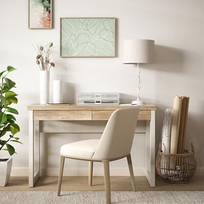 Forte Duro Schreibtisch 120, Moderne Landhaus Schreibtischkonsole mit 2 Schubladen, Home Office, Holzwerkstoff, Pinie Weiß/Antikeiche Holzdekor, 120 cm breit x 75,8 cm hoch x 48 cm tief Forte Duro Schreibtisch 120, Moderne Landhaus Schreibtischkonsole mit 2 Schubladen, Home Office, Holzwerkstoff, Pinie Weiß/Antikeiche Holzdekor, 120 cm breit x 75,8 cm hoch x 48 cm tief