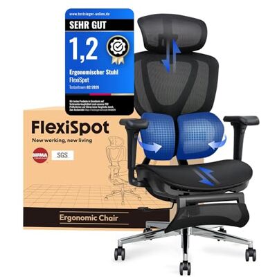 FlexiSpot Ergonomischer Bürostuhl mit Dual-Wing-Lendenstütze, 3D-Kopfstütze & Armlehnen, Verstellbarer Sitztiefe, Rückenlehne, & ausziehbarer Fußstütze, Arbeitsstuhl für Büro & Home Office (Schwarz) FlexiSpot Ergonomischer Bürostuhl mit Dual-Wing-Lendenstütze, 3D-Kopfstütze & Armlehnen, Verstellbarer Sitztiefe, Rückenlehne, & ausziehbarer Fußstütze, Arbeitsstuhl für Büro & Home Office (Schwarz)