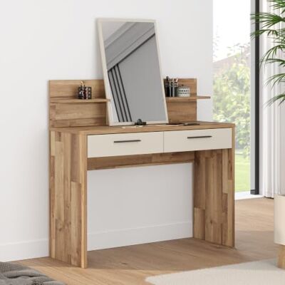 Forte RICCIANO Schminktisch 110 120, Scandi Stil Schminkkonsole, Konsolentisch mit Spiegel, Holzwerkstoff, Kaschmir Beige/Stabeiche Holzdekor, 114,5 cm breit x 147,1 cm hoch x 41,3 cm tief Forte RICCIANO Schminktisch 110 120, Scandi Stil Schminkkonsole, Konsolentisch mit Spiegel, Holzwerkstoff, Kaschmir Beige/Stabeiche Holzdekor, 114,5 cm breit x 147,1 cm hoch x 41,3 cm tief