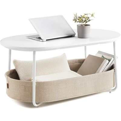 VASAGLE LILEA Kollektion Couchtisch oval, Tisch mit Stauraum, Beistelltisch, Wohnzimmertisch mit Korb aus Stoff, modern, Metallrahmen, mattweiß-Kamelbraun LCT222W10 VASAGLE LILEA Kollektion Couchtisch oval, Tisch mit Stauraum, Beistelltisch, Wohnzimmertisch mit Korb aus Stoff, modern, Metallrahmen, mattweiß-Kamelbraun LCT222W10