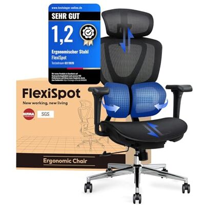 FlexiSpot Ergonomischer Bürostuhl mit Dual Wing Lendenstütze, 3D-Kopfstütze & Armlehnen, Verstellbarer Sitztiefe, Rückenlehne & Neigung Arbeitsstuhl für Büro & Home Office (Schwarz) FlexiSpot Ergonomischer Bürostuhl mit Dual Wing Lendenstütze, 3D-Kopfstütze & Armlehnen, Verstellbarer Sitztiefe, Rückenlehne & Neigung Arbeitsstuhl für Büro & Home Office (Schwarz)