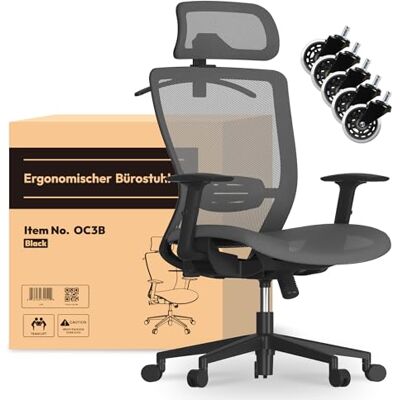 FlexiSpot OC3 Ergonomischer Bürostuhl, Schreibtischstuhl mit Verstellbarer Kopfstütze & Lendenstütze, Rückenlehne 90–130° mit 3 Arretierungen, Atmungsaktiver Drehstuhl mit Grummirollen Grau FlexiSpot OC3 Ergonomischer Bürostuhl, Schreibtischstuhl mit Verstellbarer Kopfstütze & Lendenstütze, Rückenlehne 90–130° mit 3 Arretierungen, Atmungsaktiver Drehstuhl mit Grummirollen Grau