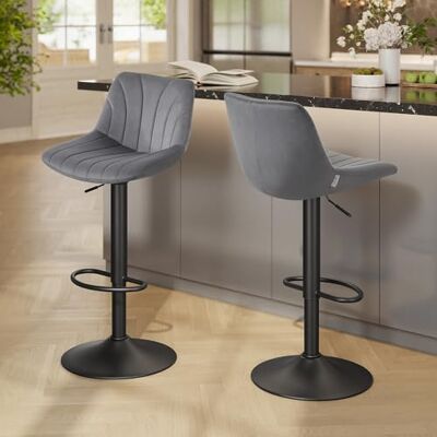 VASAGLE Barhocker 2er Set, Barstuhl mit Rückenlehne, Küchenhocker, höhenverstellbar, um 360° drehbar, Fußstütze aus Metall, für Esszimmer, Küche, Samt-Bezug, schiefergrau LJB161GN01 VASAGLE Barhocker 2er Set, Barstuhl mit Rückenlehne, Küchenhocker, höhenverstellbar, um 360° drehbar, Fußstütze aus Metall, für Esszimmer, Küche, Samt-Bezug, schiefergrau LJB161GN01