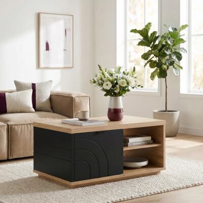 Forte AURIQUET Couchtisch 90, Japandi Stil Couchtisch mit Zierfräsungen, 1-türig, 2 Fächer, Holzwerkstoff, Wildeiche Holzdekor/Schwarz, 90 cm breit x 45,3 cm hoch x 60 cm tief Forte AURIQUET Couchtisch 90, Japandi Stil Couchtisch mit Zierfräsungen, 1-türig, 2 Fächer, Holzwerkstoff, Wildeiche Holzdekor/Schwarz, 90 cm breit x 45,3 cm hoch x 60 cm tief