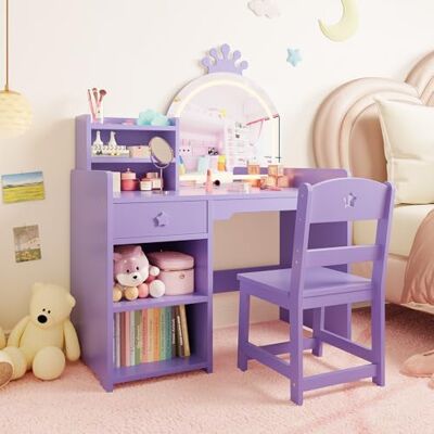 GarveeHome 2 in 1 Schminktisch Kinder Set, Kinderschminktisch mit Spiegel & LED-Lichtern, Schminktisch für Mädchen, Kinderschminktisch mit Hocker, Schubladen, Offenen Fächern, Prinzessin Frisiertisch Holz, Lila GarveeHome 2 in 1 Schminktisch Kinder Set, Kinderschminktisch mit Spiegel & LED-Lichtern, Schminktisch für Mädchen, Kinderschminktisch mit Hocker, Schubladen, Offenen Fächern, Prinzessin Frisiertisch Holz, Lila