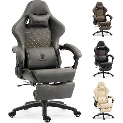 Dowinx Gaming Stuhl ergonomisch mit zweistufig ausziehbarer Fußstütze, Massage-Lendenkissen, Gaming Chair mit Bürokomfort für langes Sitzen, bis 200 kg belastbar, Rückenlehne 165°, Grau Dowinx Gaming Stuhl ergonomisch mit zweistufig ausziehbarer Fußstütze, Massage-Lendenkissen, Gaming Chair mit Bürokomfort für langes Sitzen, bis 200 kg belastbar, Rückenlehne 165°, Grau