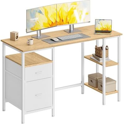 VASAGLE Computertisch, Bürotisch, Schreibtisch, mit 3 Ablagen, 2 Schubladen, 127 x 50 x 76 cm, fürs Büro, Wohnzimmer, moderner Stil, natureichenfarben-mattweiß LWD103YD01 VASAGLE Computertisch, Bürotisch, Schreibtisch, mit 3 Ablagen, 2 Schubladen, 127 x 50 x 76 cm, fürs Büro, Wohnzimmer, moderner Stil, natureichenfarben-mattweiß LWD103YD01