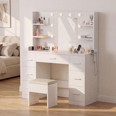 JUMMICO Großer Schminktisch mit dimmbarer LED-Beleuchtung & integrierten Steckdosen, Frisiertisch mit Spiegel und 7 Schubladen, Moderner Make-up Tisch für Schlafzimmer, Weiß JUMMICO Großer Schminktisch mit dimmbarer LED-Beleuchtung & integrierten Steckdosen, Frisiertisch mit Spiegel und 7 Schubladen, Moderner Make-up Tisch für Schlafzimmer, Weiß