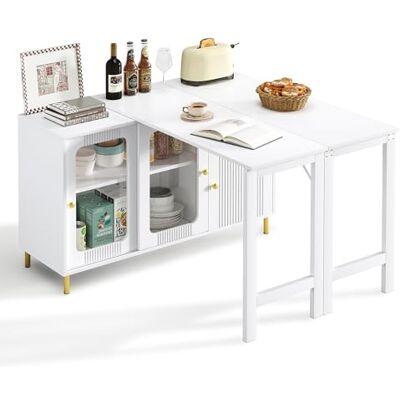 Merax Ausziehbar Bartisch, Ausziehbarer Esstisch mit Stauraum, Wellenmuster, Glasschiebetüren, Stehtisch, Kücheninsel mit Tisch, Klappbarem Ausziehtisch für Küche, Esszimmer, Kaffeebar Möbel (Weiß) Merax Ausziehbar Bartisch, Ausziehbarer Esstisch mit Stauraum, Wellenmuster, Glasschiebetüren, Stehtisch, Kücheninsel mit Tisch, Klappbarem Ausziehtisch für Küche, Esszimmer, Kaffeebar Möbel (Weiß)