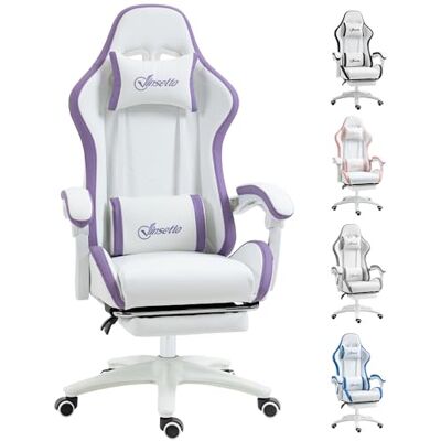 Vinsetto Gaming-Stuhl neigbar hochlehnig Fußstütze Weiß/Lila Computer-Gamer-Stuhl, Kopfstütze, Lendenstütze, Rollen, PU-Leder, höhenverstellbar, für Zuhause Vinsetto Gaming-Stuhl neigbar hochlehnig Fußstütze Weiß/Lila Computer-Gamer-Stuhl, Kopfstütze, Lendenstütze, Rollen, PU-Leder, höhenverstellbar, für Zuhause