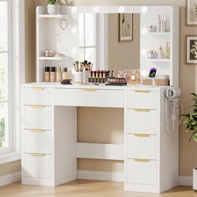 JUMMICO Moderner Schminktisch Frisiertisch mit Beleuchtung & Steckdose, Großer Spiegel, 9 Schubladen, Vanity Desk mit Haartrocknerhalterung, Make-up Tisch für Schlafzimmer, Weiß JUMMICO Moderner Schminktisch Frisiertisch mit Beleuchtung & Steckdose, Großer Spiegel, 9 Schubladen, Vanity Desk mit Haartrocknerhalterung, Make-up Tisch für Schlafzimmer, Weiß