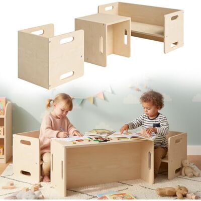 Bellabino AKI Kindersitzgarnitur 3-TLG., Birke Natur, 2in1 Kinderhocker Montessori Wendebank, Kinderhocker & Beistelltisch, Kindertisch mit Kinderstuhl, Kindersitzgruppe Indoor, Kinderzimmer, Holz Bellabino AKI Kindersitzgarnitur 3-TLG., Birke Natur, 2in1 Kinderhocker Montessori Wendebank, Kinderhocker & Beistelltisch, Kindertisch mit Kinderstuhl, Kindersitzgruppe Indoor, Kinderzimmer, Holz