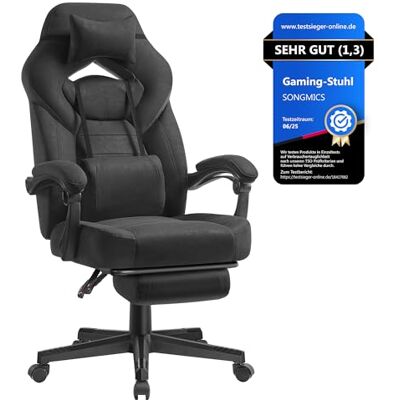 SONGMICS Gaming-Stuhl, Bürostuhl, mit Fußstütze, Tragkraft 150 kg Computerstuhl, ergonomisches Design, verstellbares Kopfkissen, Lendenkissen, Tintenschwarz, CATHY Kollektion OBG077BH21 SONGMICS Gaming-Stuhl, Bürostuhl, mit Fußstütze, Tragkraft 150 kg Computerstuhl, ergonomisches Design, verstellbares Kopfkissen, Lendenkissen, Tintenschwarz, CATHY Kollektion OBG077BH21