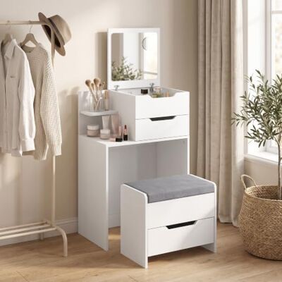 HOMCOM Schminktisch mit Klappspiegel und Rollhocker, Weiß Holzoptik Gepolsterter Sitz, kompaktes 2-in-1-Schminktisch-Set, Schublade, Schrank, offenes Fach, fürs Schlafzimmer, platzsparend HOMCOM Schminktisch mit Klappspiegel und Rollhocker, Weiß Holzoptik Gepolsterter Sitz, kompaktes 2-in-1-Schminktisch-Set, Schublade, Schrank, offenes Fach, fürs Schlafzimmer, platzsparend