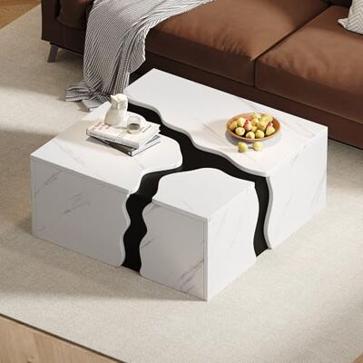 Merax Wohnzimmer-Couchtisch 70x70x31 cm, Würfelförmiger Beistelltisch mit Schublade, Geometrisches Design, Marmorfurnier, Aufbewahrungstisch, Kaffeetisch, Spieltisch Merax Wohnzimmer-Couchtisch 70x70x31 cm, Würfelförmiger Beistelltisch mit Schublade, Geometrisches Design, Marmorfurnier, Aufbewahrungstisch, Kaffeetisch, Spieltisch