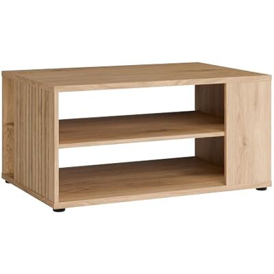 Forte VERNIQ Couchtisch 90, Scandi-Stil Sofatisch mit 2 offenen Stauraumfächern, Lamellendetails, Wohnzimmer, Holzwerkstoff, Wildeiche Natur Holzdekor, 90 cm breit x 44,7 cm hoch x 60 cm tief Forte VERNIQ Couchtisch 90, Scandi-Stil Sofatisch mit 2 offenen Stauraumfächern, Lamellendetails, Wohnzimmer, Holzwerkstoff, Wildeiche Natur Holzdekor, 90 cm breit x 44,7 cm hoch x 60 cm tief