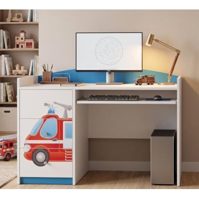 Happy Babies Blauer Kinderschreibtisch mit Schublade und Schrankfach, Schülerschreibtisch Hausaufgabentisch für Jungen, Computertisch mit Motiv Feuerwehr Happy Babies Blauer Kinderschreibtisch mit Schublade und Schrankfach, Schülerschreibtisch Hausaufgabentisch für Jungen, Computertisch mit Motiv Feuerwehr