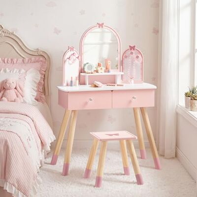 ROBUD Kinder Schminktisch mit Hocker: Mädchen kinderschminktisch mit Spiegel, Rollenspiel Schminktisch für Kinder, Frisiertisch mit Schublade und Zubehör für Kinderschminke, ab 3 Jahren (Rosa) ROBUD Kinder Schminktisch mit Hocker: Mädchen kinderschminktisch mit Spiegel, Rollenspiel Schminktisch für Kinder, Frisiertisch mit Schublade und Zubehör für Kinderschminke, ab 3 Jahren (Rosa)