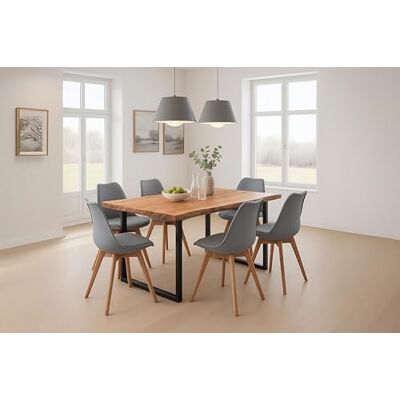 SAM 7-TLG. Essgruppe Quinn 180x90 cm Akazie Natur / 6 Stühle grau massiv, Echte Baumkante, Akazienholz naturfarben, U-Gestell schwarz, Esstisch mit 6 Stühlen, Schalenstuhl, Esszimmertisch SAM 7-TLG. Essgruppe Quinn 180x90 cm Akazie Natur / 6 Stühle grau massiv, Echte Baumkante, Akazienholz naturfarben, U-Gestell schwarz, Esstisch mit 6 Stühlen, Schalenstuhl, Esszimmertisch