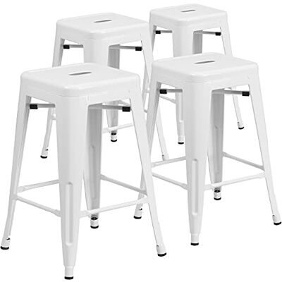 Flash Furniture 4 Stück in der Packung 60,96 cm hoher rückenfreier weißer Theke-Hocker mit quadratischem Sitz aus Metall für innen und außen Flash Furniture 4 Stück in der Packung 60,96 cm hoher rückenfreier weißer Theke-Hocker mit quadratischem Sitz aus Metall für innen und außen