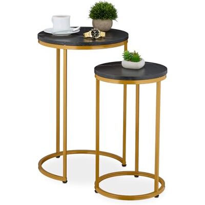 Relaxdays Satztisch, 2er Set, 2 Größen, Marmoroptik, Metall, runde Beistelltische, Wohnzimmer Couchtisch, schwarz/Gold Relaxdays Satztisch, 2er Set, 2 Größen, Marmoroptik, Metall, runde Beistelltische, Wohnzimmer Couchtisch, schwarz/Gold
