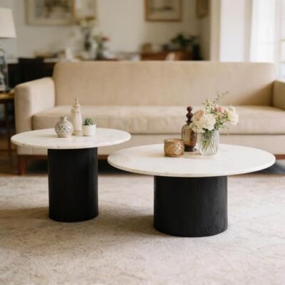 IDIMEX Couchtischset GANGA/YAMUNA mit Tischplatte aus Marmor, Weiß/Schwarz Runder Beistelltisch im 2er Set, rundes Holzgestell aus Akazie, Wohnzimmertisch, Coffe Table IDIMEX Couchtischset GANGA/YAMUNA mit Tischplatte aus Marmor, Weiß/Schwarz Runder Beistelltisch im 2er Set, rundes Holzgestell aus Akazie, Wohnzimmertisch, Coffe Table