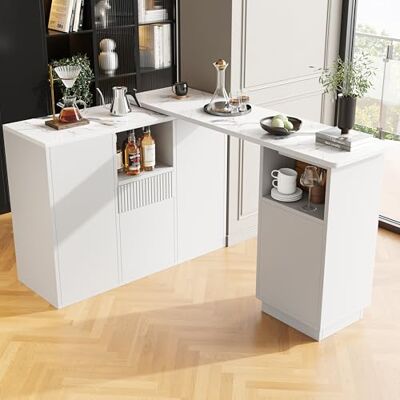 Merax Bartisch Ausziehbarer, Drehbar Esstisch mit Stauraum, moderner Stehtisch Bistrotisch mit Schrank, Schubladen, Verstellbare Einlegeböden, Kücheninsel für Esszimmer, 140-210cm, Weiß & Marmoroptik Merax Bartisch Ausziehbarer, Drehbar Esstisch mit Stauraum, moderner Stehtisch Bistrotisch mit Schrank, Schubladen, Verstellbare Einlegeböden, Kücheninsel für Esszimmer, 140-210cm, Weiß & Marmoroptik