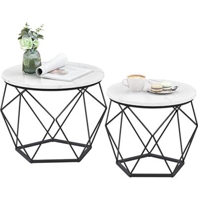 Relaxdays Couchtisch, 2er Set, Marmoroptik & Metall, Vintage-Design, runde Beistelltische, Wohnzimmer, weiß/schwarz Relaxdays Couchtisch, 2er Set, Marmoroptik & Metall, Vintage-Design, runde Beistelltische, Wohnzimmer, weiß/schwarz