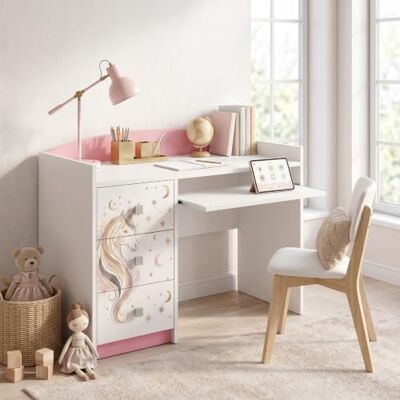 Happy Babies Rosa Kinderschreibtisch mit Schublade und Schrankfach, Schülerschreibtisch Hausaufgabentisch für Mädchen, Computertisch mit Motiv (Nr 387) Happy Babies Rosa Kinderschreibtisch mit Schublade und Schrankfach, Schülerschreibtisch Hausaufgabentisch für Mädchen, Computertisch mit Motiv (Nr 387)