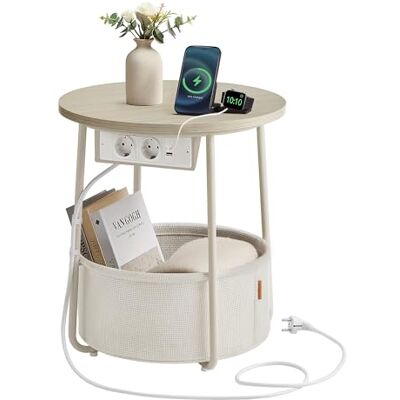 VASAGLE LILEA Kollektion Beistelltisch rund, Kleiner Tisch, Couchtisch mit Steckdose, Wohnzimmertisch, Korb aus Stoff, Stauraum für Wohnzimmer, Nachttisch modern, naturbeige-cremeweiß LET228LL01 VASAGLE LILEA Kollektion Beistelltisch rund, Kleiner Tisch, Couchtisch mit Steckdose, Wohnzimmertisch, Korb aus Stoff, Stauraum für Wohnzimmer, Nachttisch modern, naturbeige-cremeweiß LET228LL01