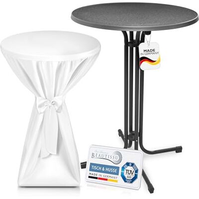 Beautissu Outdoor Stehtisch klappbar mit Husse Wetterfester Partytisch TÜV 80cm Weiß Grauer platzsparender Bistrotisch in Gastro-Qualität Premium Stehtischhusse Gastro Set Sylt Beautissu Outdoor Stehtisch klappbar mit Husse Wetterfester Partytisch TÜV 80cm Weiß Grauer platzsparender Bistrotisch in Gastro-Qualität Premium Stehtischhusse Gastro Set Sylt